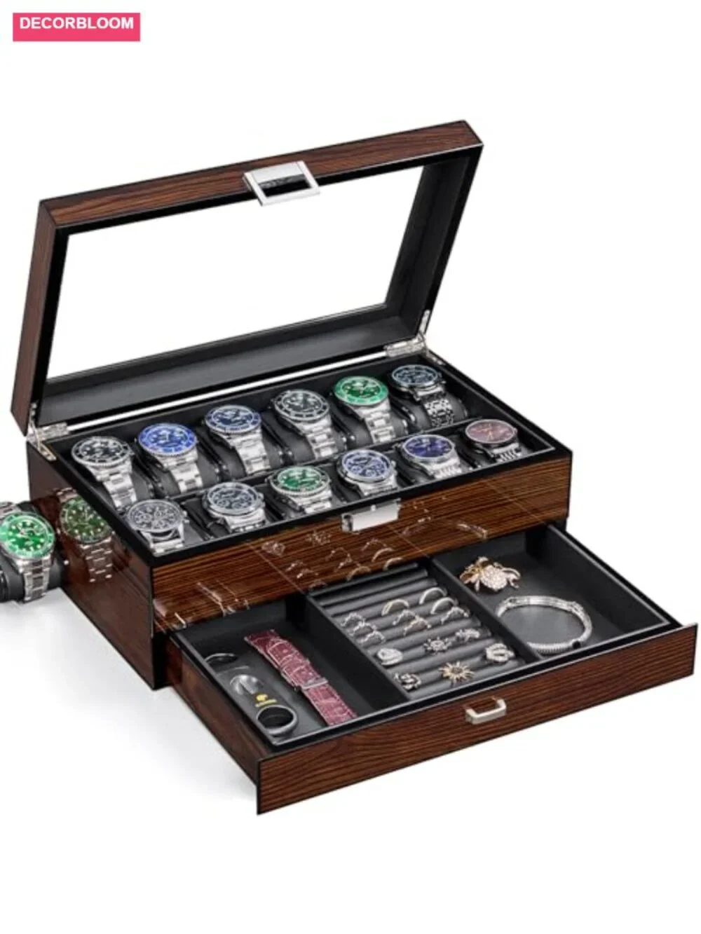 12-Slot Wooden Watch Box with Glass Lid, Faux Leather Interior, 2-Layer Storage